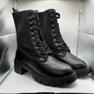 Top Moda Black Combat‎ Boots with Lace Up front and Rib Knit Sides Size 10